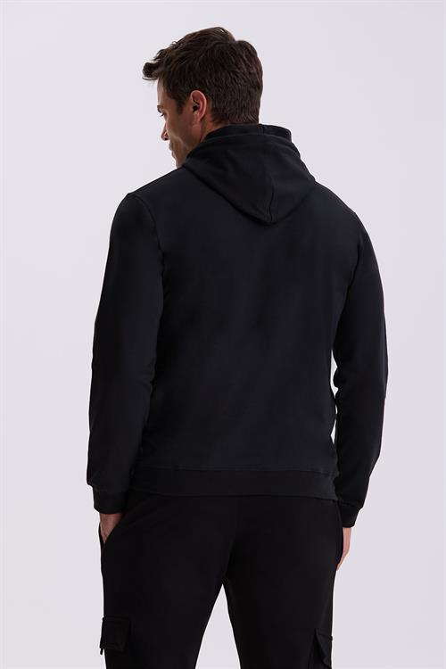 Siyah Slim Fit Kapüşonlu Baskılı %100 Pamuk Sweatshirt