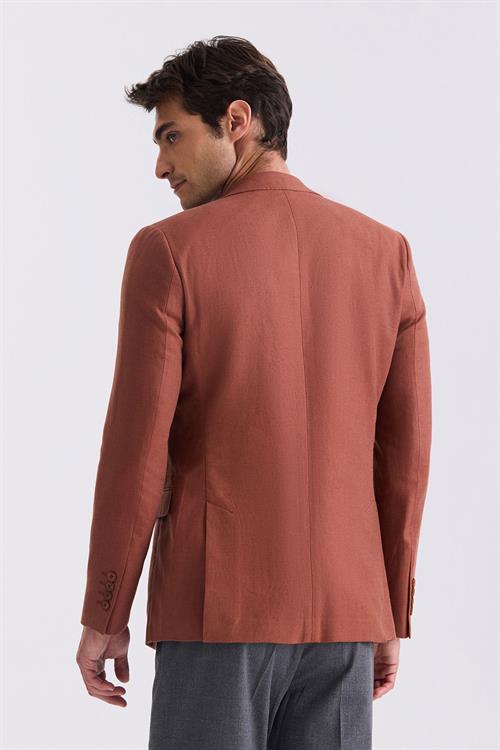 Kiremit Slim Fit Sivri Yaka Keten Spor Ceket