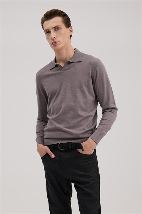 Gül Kurusu Slim Fit Polo Yaka Triko Kazak