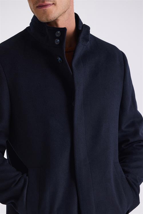 Koyu Lacivert Slim Fit Dik Yaka Balık Sırtı Desenli Yünlü Spor Kaban