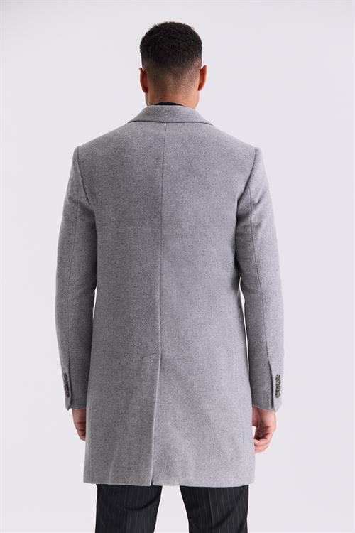 Gri Comfort Fit Mono Yaka Yan Cep Kaşe Kaban