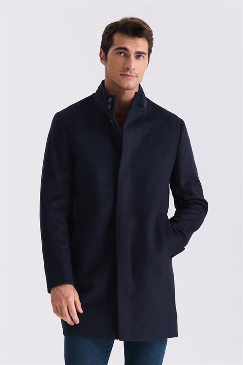 Koyu Lacivert Slim Fit Dik Yaka Balık Sırtı Desenli Yünlü Spor Kaban