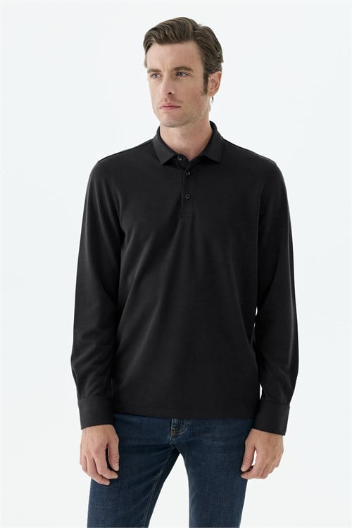 Siyah Comfort Fit Polo Yaka Sweatshirt
