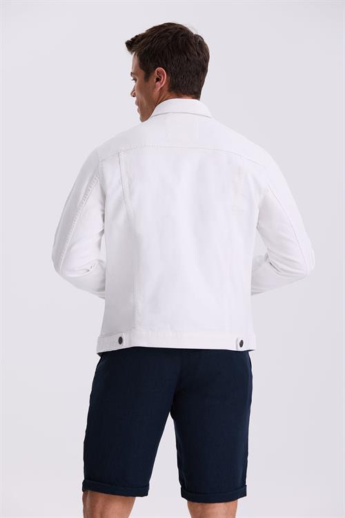 Beyaz Slim Fit Bebe Yaka Pamuklu Cepli Denim Kot Ceket