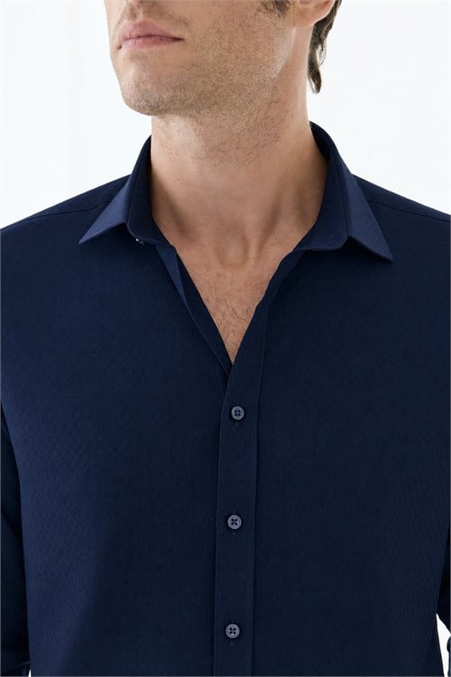 Lacivert Pamuk Karışımlı Comfort Fit Gömlek