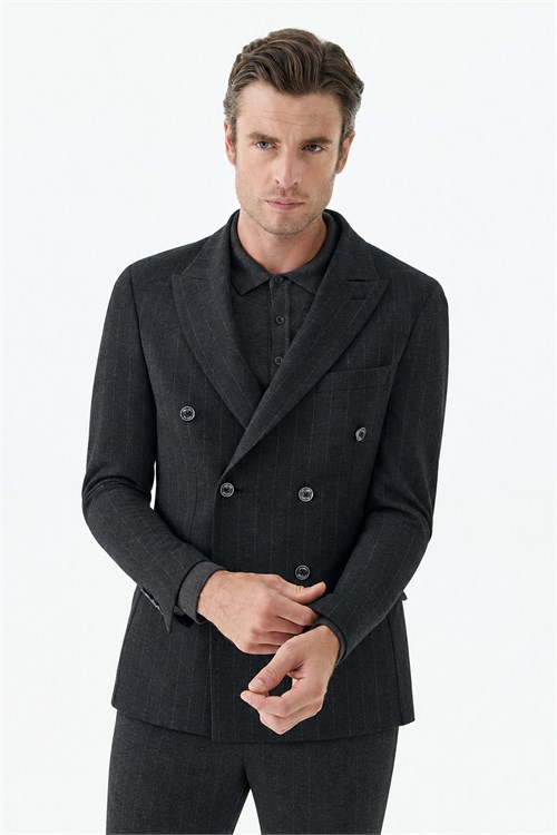 Antrasit Slim Fit Dik Yaka Kruvaze Ceket