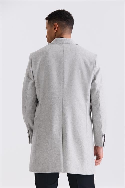 Gri Comfort Fit Sivri Yaka Balık Sırtı Desenli Yünlü Kaşe Kaban