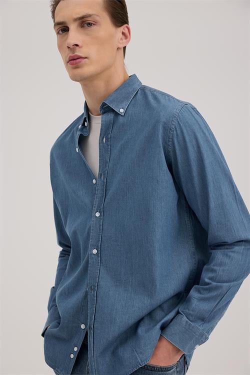 Lacivert Comfort Fit %100 Pamuk Denim Gömlek