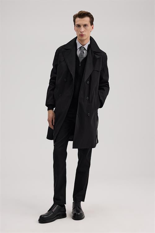 Siyah Comfort Fit Kruvaze Uzun Kemerli Trençkot
