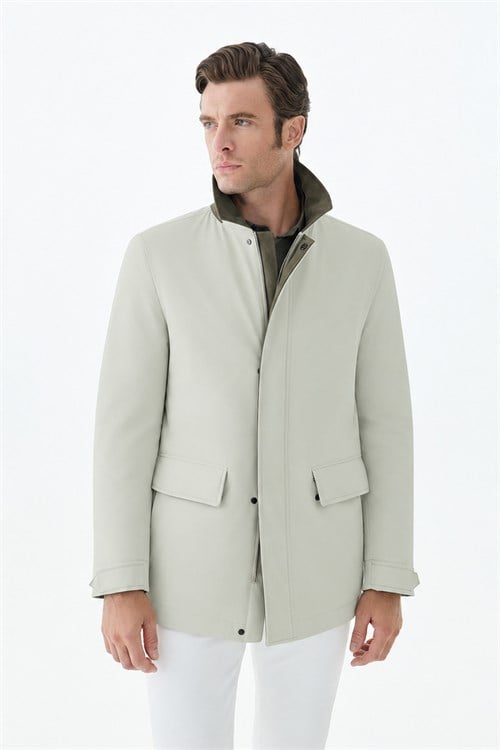 Ekru Comfort Fit Kadife Yaka Mont