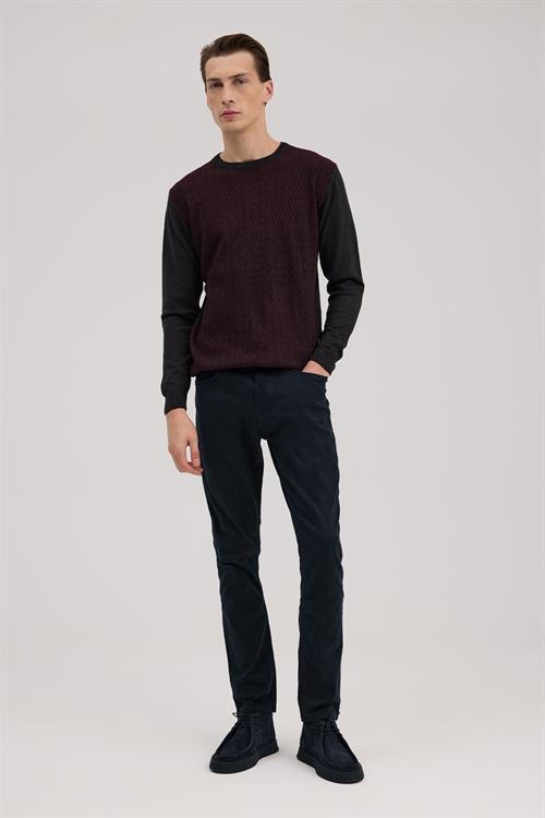 Füme Bordo Klasik Fit Bisiklet Yaka Desenli Triko