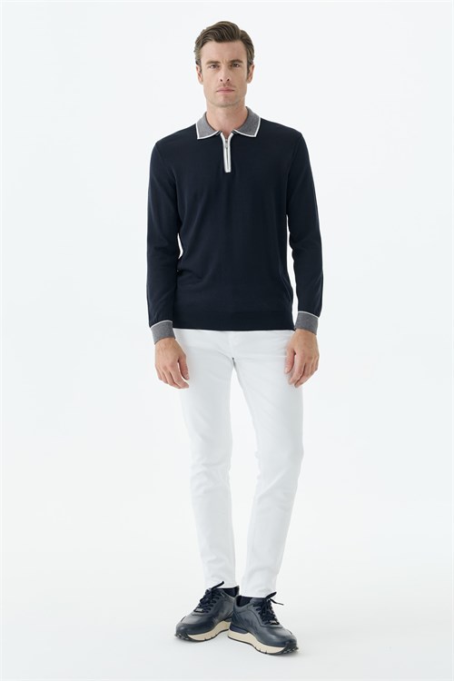 Lacivert Slim Fit Polo Yaka Fermuarlı Triko Kazak