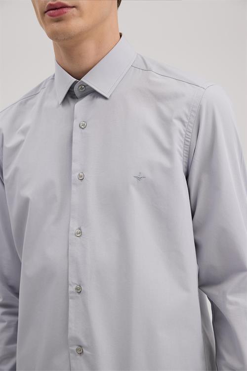 Gri Slim Fit İtalyan Yaka Klasik Kravatlık Pamuklu Gömlek