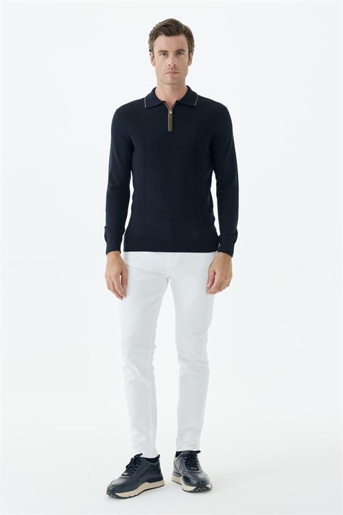 Lacivert Comfort Fit Merinos Yünlü Fermuarlı Polo Yaka Triko