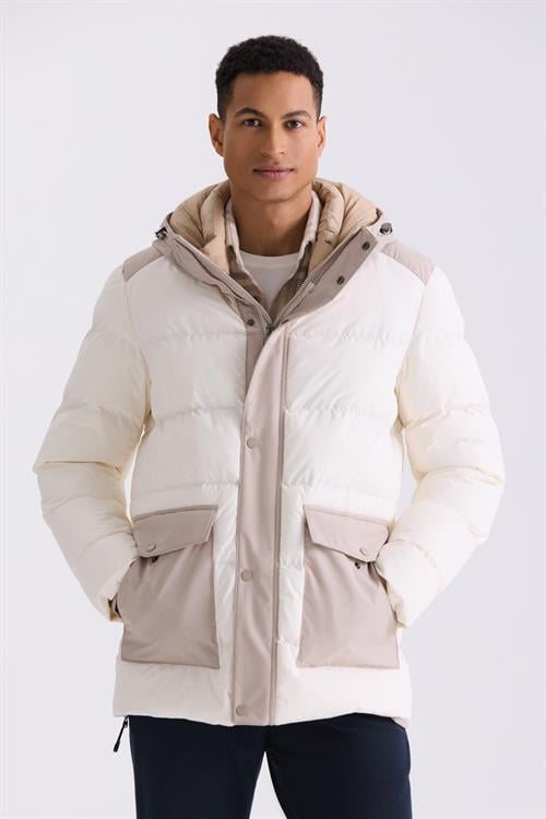 Ekru Comfort Fit Kapüşonlu Cepli  Şişme Mont