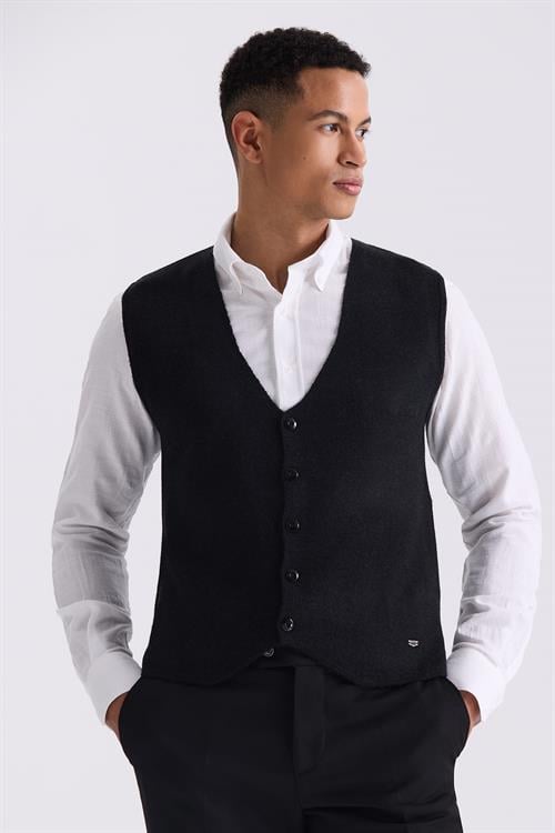 Siyah Slim Fit Düğmeli Triko Yelek