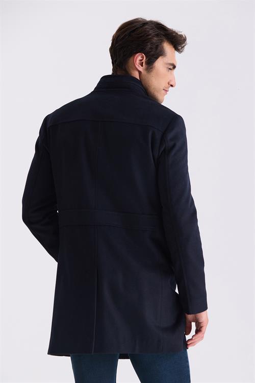 Koyu Lacivert Slim Fit Dik Yaka Balık Sırtı Desenli Yünlü Spor Kaban