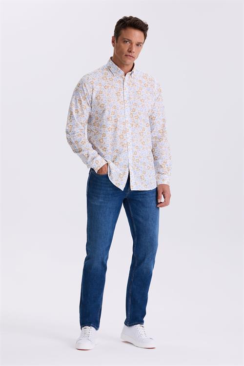 Mavi Çiçek Desenli Yaka Düğmeli Comfort Fit Gömlek