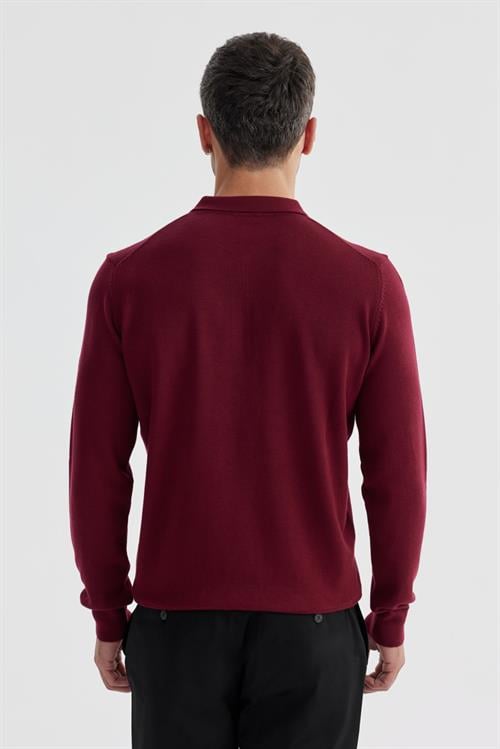 Bordo Slim Fit Pamuklu Desenli Fermuarlı Polo Yaka Triko Kazak