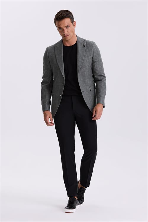 Gri Slim Fit Kırlangıç Yaka Çizgili Keten Pamuk Mevsimlik Ceket