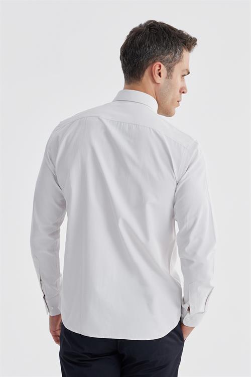 Krem Slim Fit Desenli Pamuklu Düğmeli Yaka Gömlek