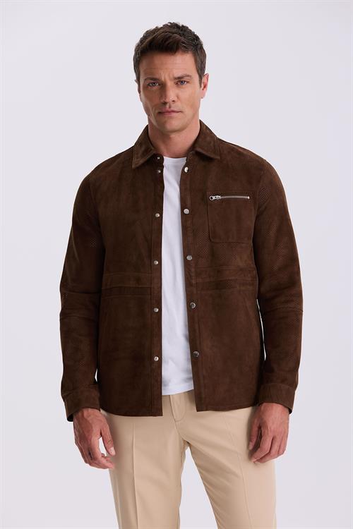 Kahve Comfort Fit Bebe Yaka %100 Deri Mont 