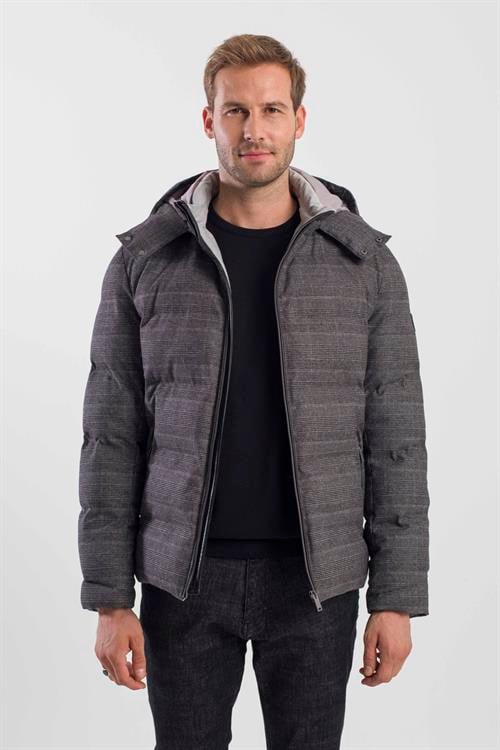Antrasit Comfort Fit Ekose Kareli Kapüşonlu Mont