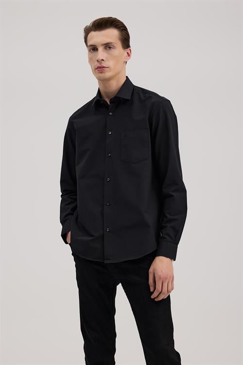 Siyah Klasik Fit İtalyan Yaka Uzun Kol Klasik Kravatlık Kolay Ütülenebilir Pamuklu Gömlek