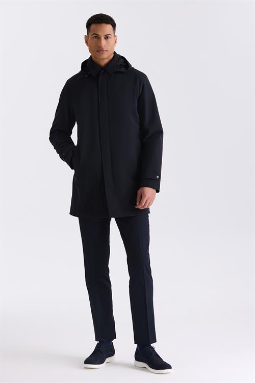 Siyah Comfort Fit Kapüşonlu Gizli Fermuarlı Klasik Model Mont