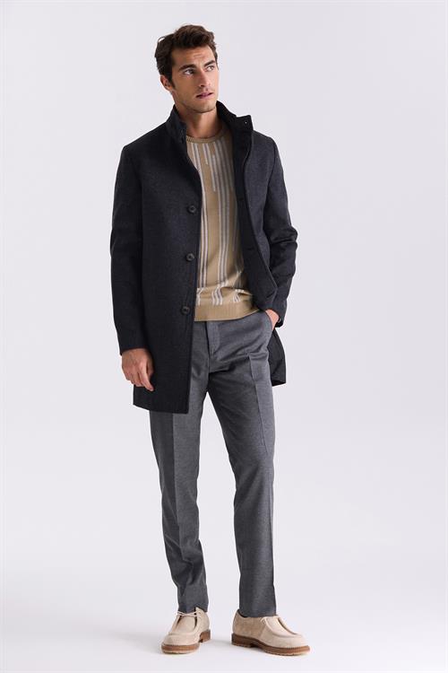 Füme Slim Fit Dik Yaka Balık Sırtı Desenli Yünlü Spor Kaban