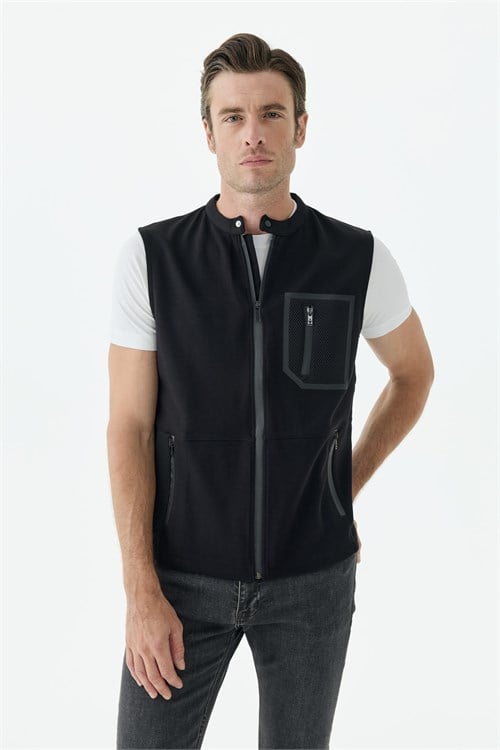 Siyah Slim Fit Cepli Pamuklu Yelek