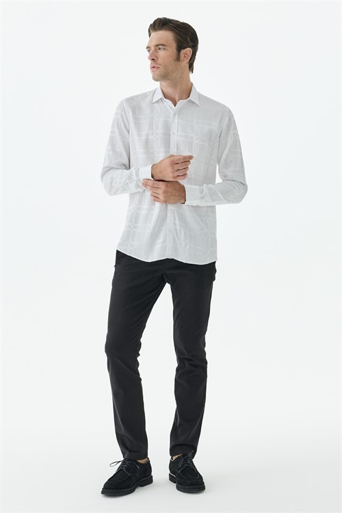 Beyaz Kareli Comfort Fit Gömlek