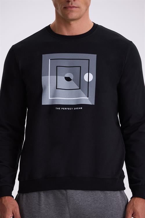 Siyah Slim Fit Bisiklet Yaka Baskılı %100 Pamuk Sweatshirt