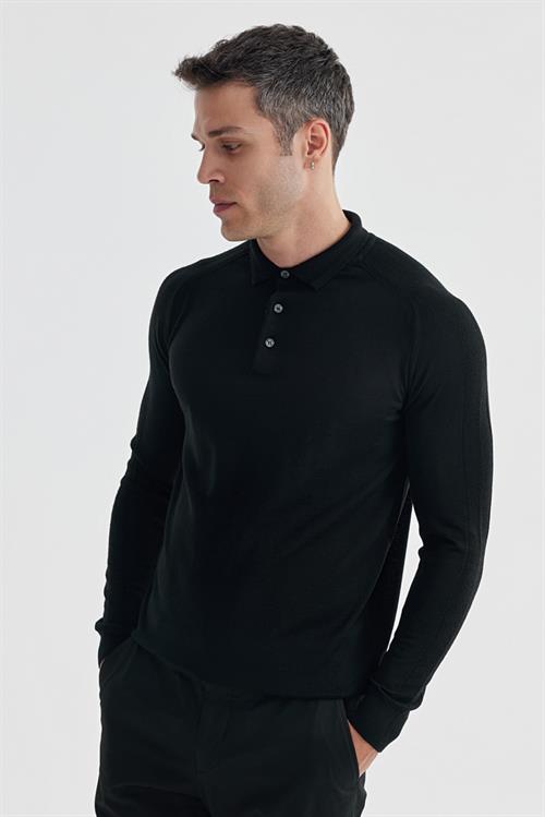 Siyah Slim Fit Yünlü Desenli Polo Yaka Triko