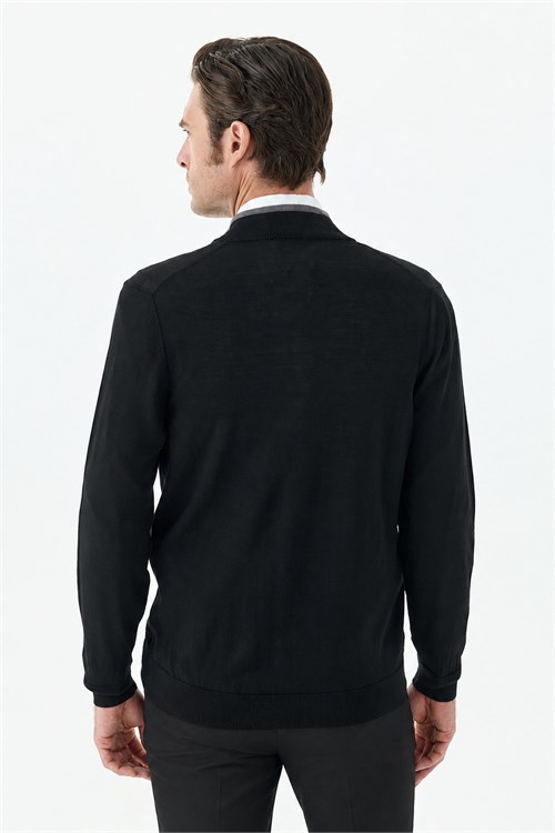 Siyah Slim Fit Yünlü Fermuarlı Triko