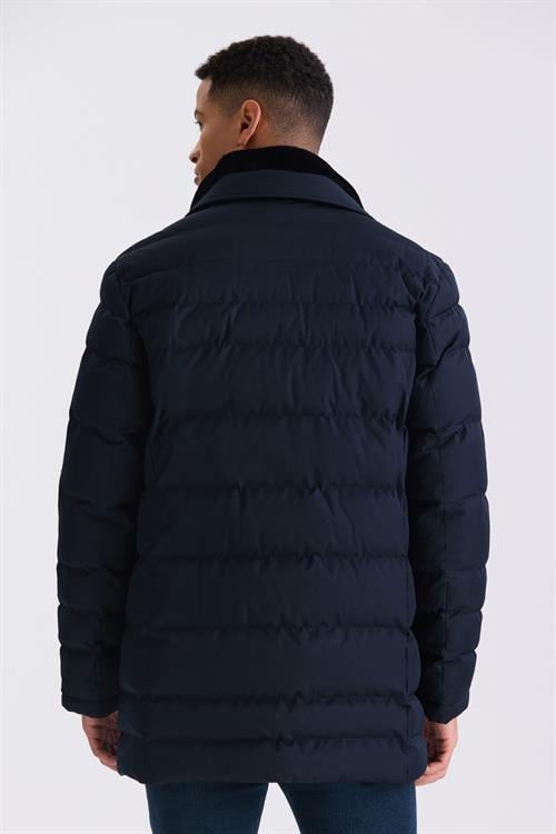 Lacivert Regular Fit Yaka Kürklü Düğmeli Şişme Mont