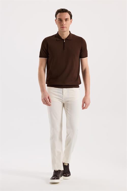 Kahve Dar Kalıp - Slim Fit T-Shirt Polo Yaka Fermuarlı