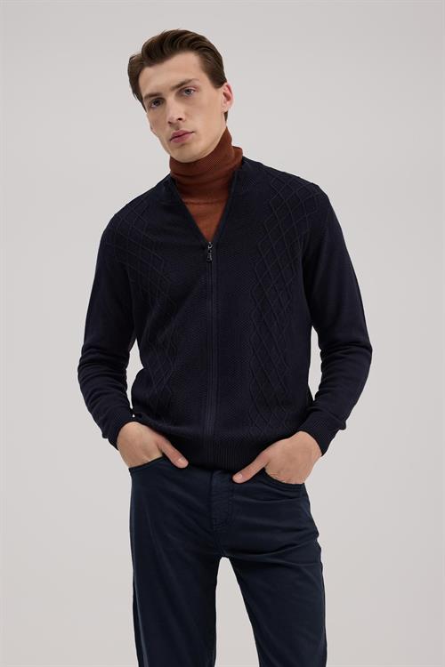 Lacivert Regular Fit Desenli Fermuarlı Triko Hırka