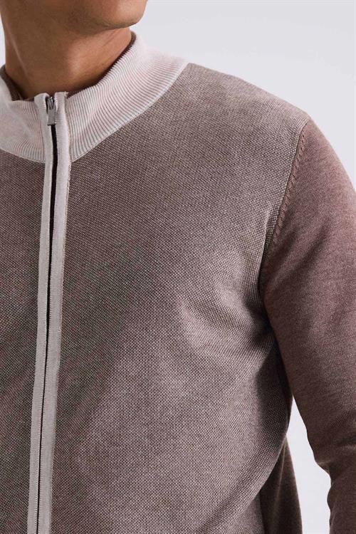 Kahve Slim Fit Fermuarlı  Triko Hırka