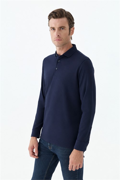 Lacivert Slim Fit Polo Yaka Sweatshirt