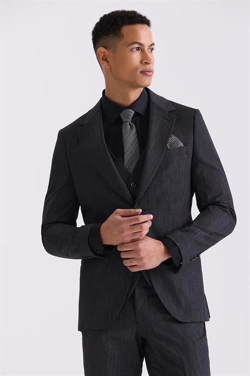 Siyah Slim Fit Mono Yaka Yelekli Takım Elbise	