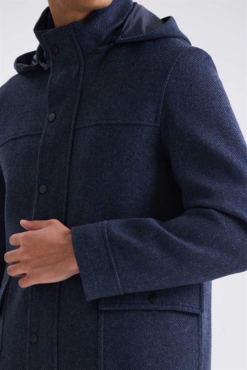 Lacivert Comfort Fit Hakim Yaka Desenli Kapüşonlu Yünlü Spor Kaban