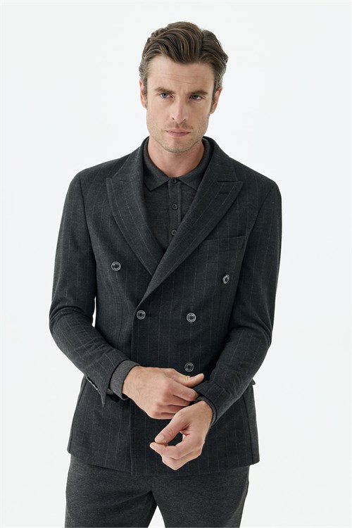 Antrasit Slim Fit Dik Yaka Kruvaze Ceket