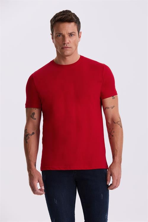Kırmızı %100 Pamuk Slim Fit Bisiklet Yaka Basic T-Shirt