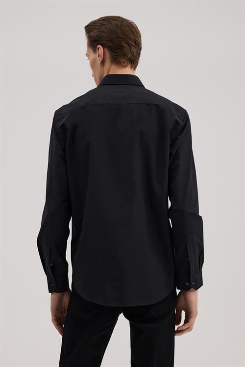 Siyah Klasik Fit İtalyan Yaka Uzun Kol Klasik Kravatlık Kolay Ütülenebilir Pamuklu Gömlek