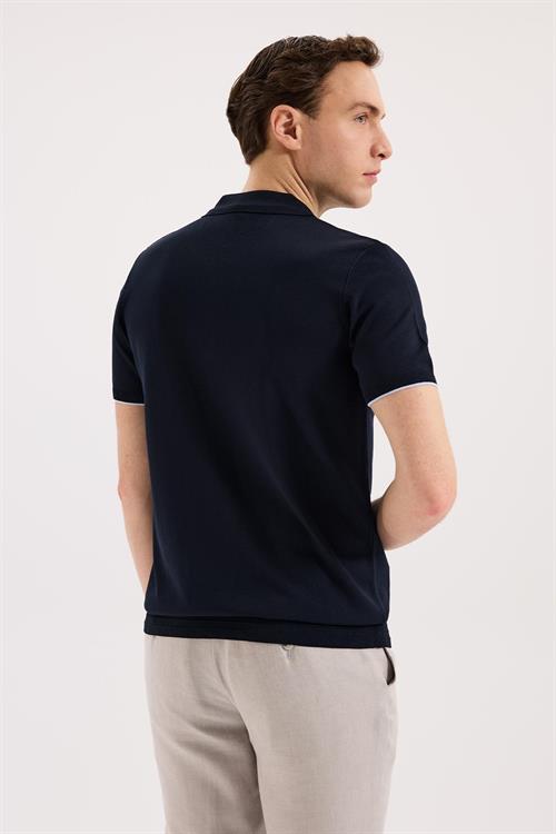 Lacivert Dar Kalıp - Slim Fit T-Shirt Polo Yaka Fermuarlı