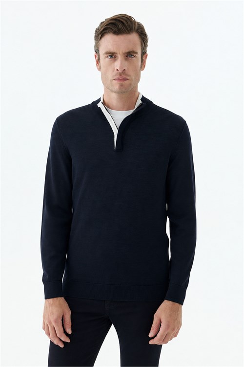 Lacivert Slim Fit Yünlü Fermuarlı Triko