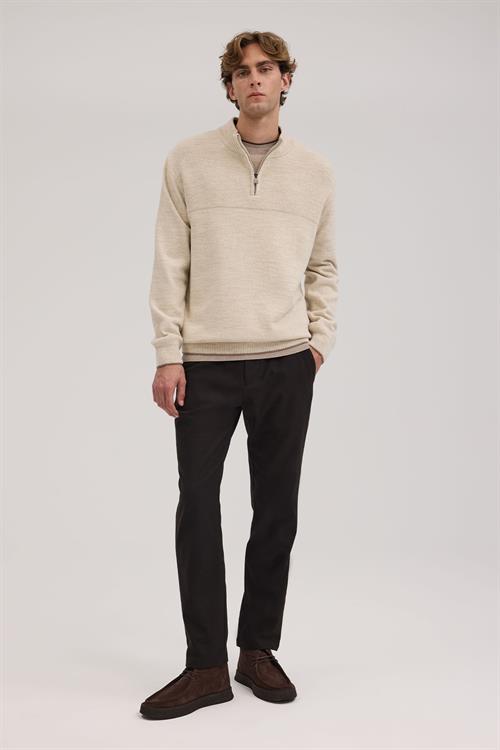 Bej Slim Fit Fermuarlı Triko Kazak