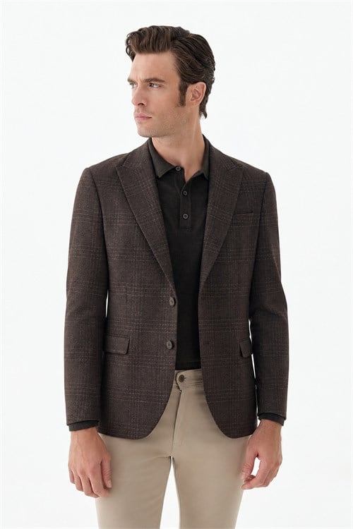 Kahve Slim Fit Ceket Sivri Yaka Ekoseli Ceket