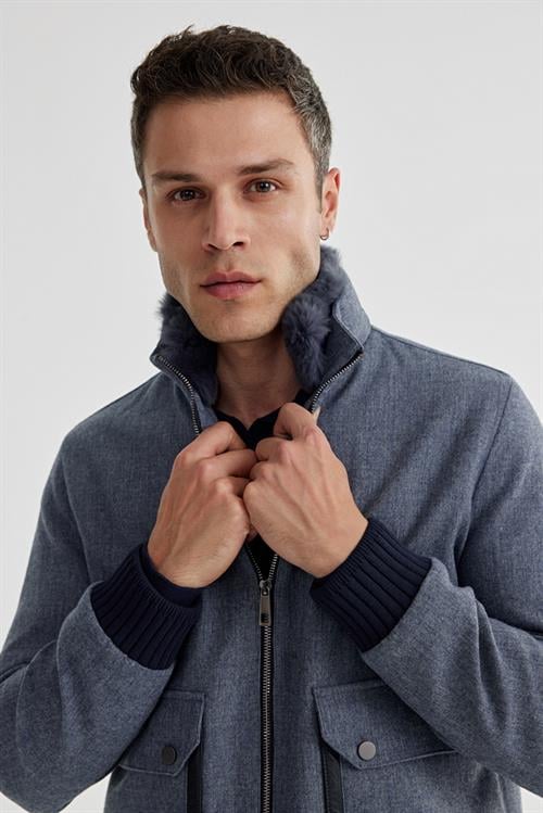 Lacivert Comfort Fit Kürklü yaka Yünlü Mont